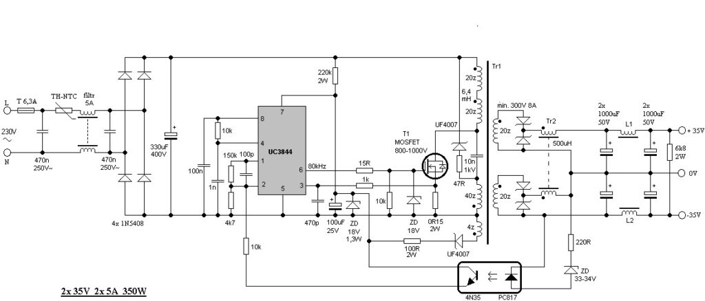 Switched power supply Schematic 2x 35V 350W