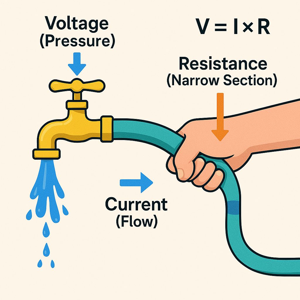 A simple educational illustration demonstrating Ohm’s Law using a water hose analogy. A tap on the left labeled “Voltage (Pressure)” releases water into a hose. A hand on the right squeezes the hose, labeled “Resistance (Narrow Section).” Water flowing through the hose is labeled “Current (Flow)” with an arrow showing direction. The equation “V = I × R” appears at the top right.