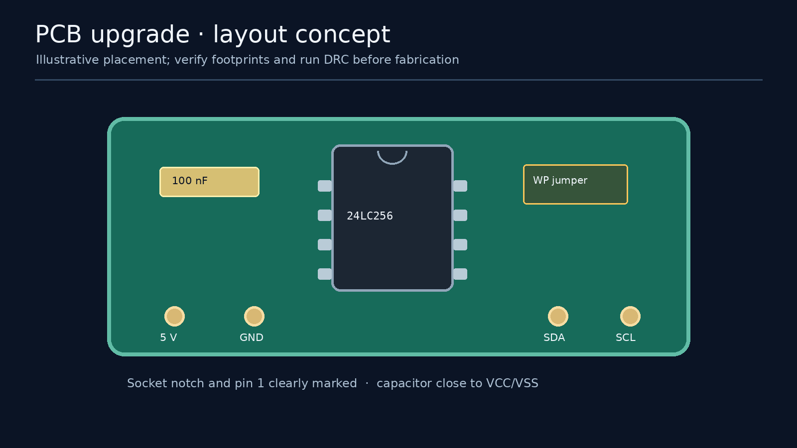 Conceptual PCB layout for a socketed 24LC256 EEPROM programmer